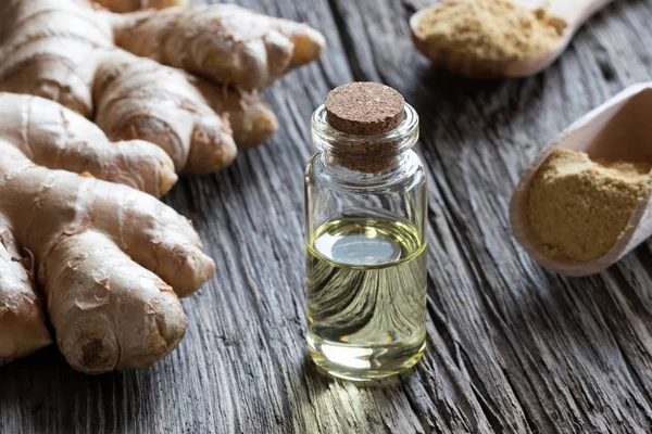 Eine Flasche ätherisches Ingweröl mit frischem und getrocknetem Ingwer — Stockfoto