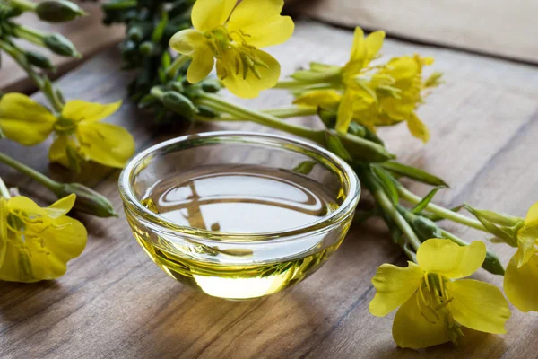 Aceite de onagra en un recipiente de vidrio — Foto de Stock