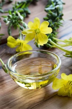 Evening primrose flowers next to a bowl of evening primrose oil clipart