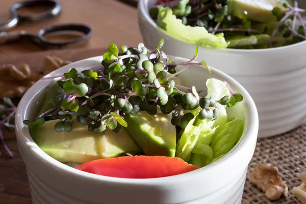 Couve fresca e brócolis microgreens em cima de uma salada de legumes — Fotografia de Stock