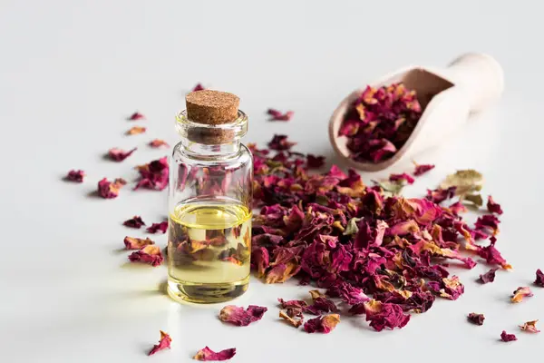 A bottle of rose essential oil with dried rose petals on white b — Stock Photo, Image