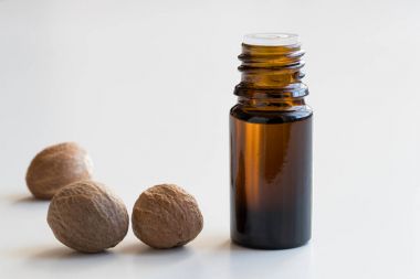 Küçük Hindistan cevizi esans beyaz arka yüzündeki küçük hindistan cevizi tohumu ile bir şişe