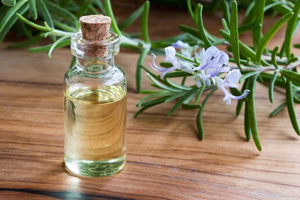 A bottle of rosemary essential oil with fresh blooming rosemary — Stock Photo, Image