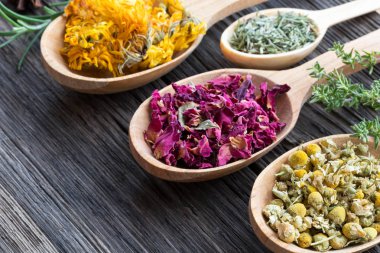 Otlar üzerinde kopya alanı ahşap bir zemin üzerine kaşık