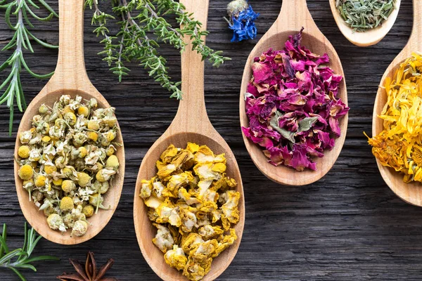 Herbs on spoons on a wooden background, top view — Stock Photo, Image