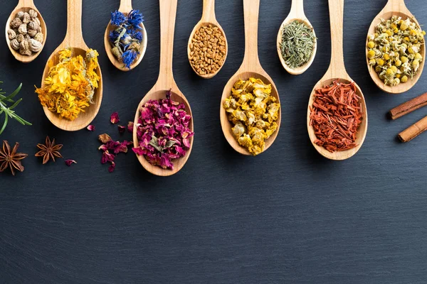 Herbs on wooden spoons on a dark background with copy space, top — Stock Photo, Image