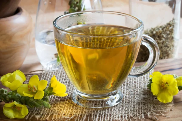 Egy csésze tea Molyhos ökörfarkkóró (verbascum) Molyhos ökörfarkkóró-virág — Stock Fotó