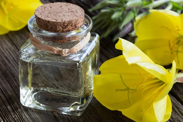 A bottle of evening primrose oil with evening primrose flowers — Stock Photo, Image