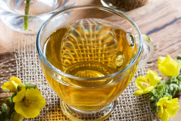 Egy csésze tea Molyhos ökörfarkkóró (verbascum) Molyhos ökörfarkkóró-virág — Stock Fotó