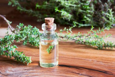 Bir şişe kekik esans dal taze kekik ile