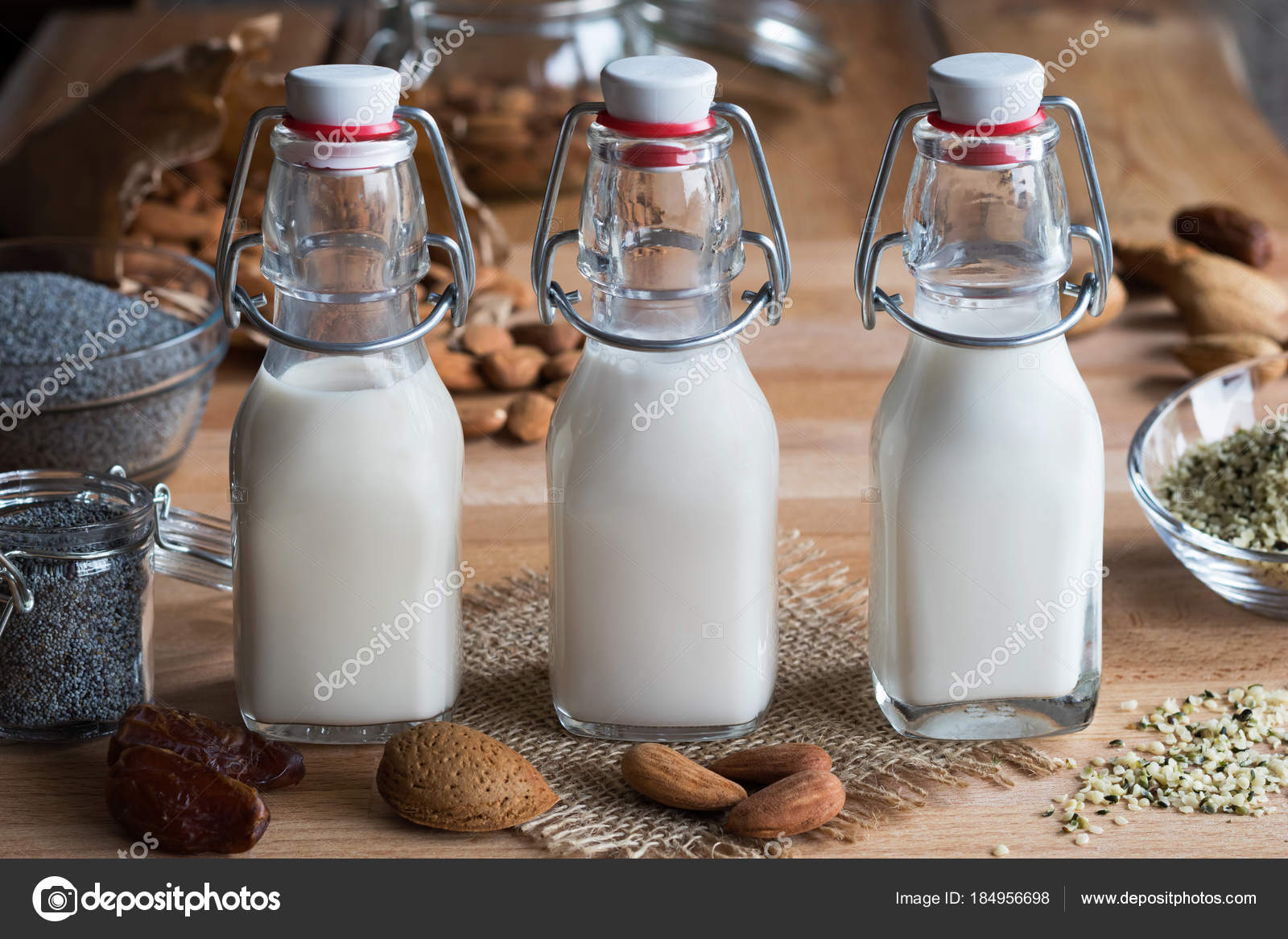 Almond milk, poppy seed milk and hemp seed milk — Stock Photo