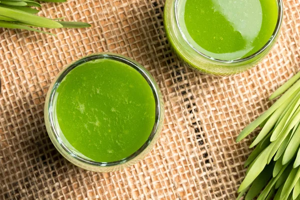 Two glasses of barley grass juice with fresh barley grass — Stock Photo, Image