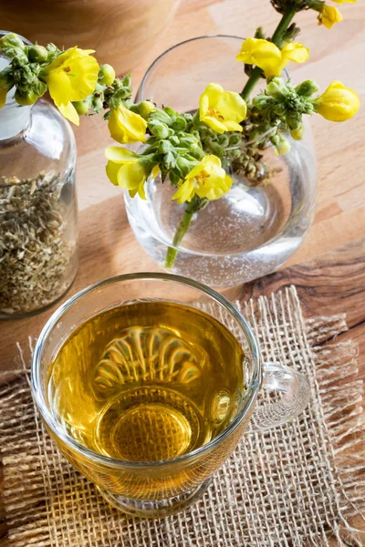 Egy csésze tea Molyhos ökörfarkkóró (verbascum) friss Molyhos ökörfarkkóró — Stock Fotó