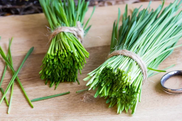 Freshly harvested wheatgrass on a wooden table — Stock Photo, Image