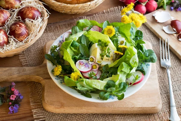 Salada de primavera com ovos e plantas comestíveis selvagens — Fotografia de Stock