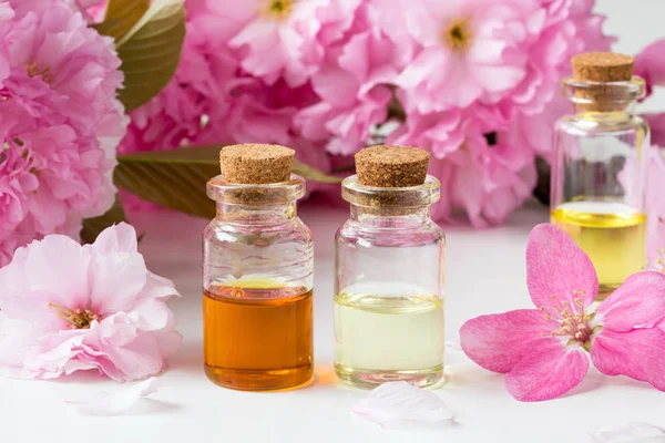 Flessen van etherische olie met roze kersenbloesem — Stockfoto