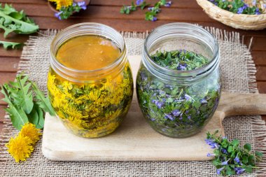 İki kavanoz gelişen zemin-Ivy, karahindiba ve bal dolu