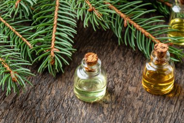 Taze ladin dalları olan gerekli yağ şişeleri.