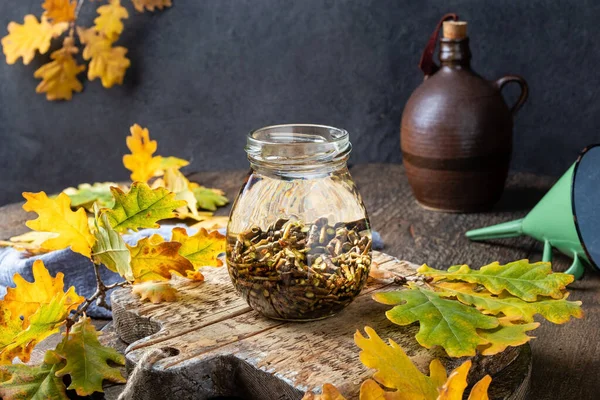 Preparation of homemade herbal tincture from oak bark — Stock Photo, Image