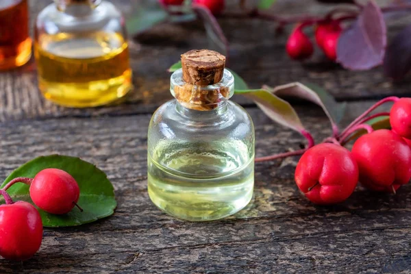 Aceite esencial con ramitas de verdor fresco sobre un fondo de madera — Foto de Stock