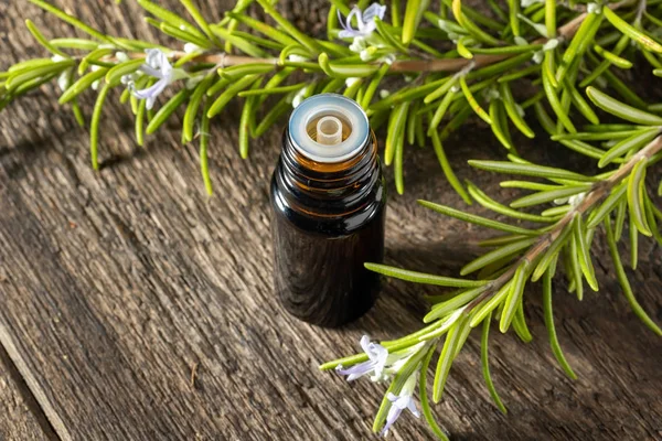 A dark bottle of essential oil with fresh blooming rosemary — Stock Photo, Image