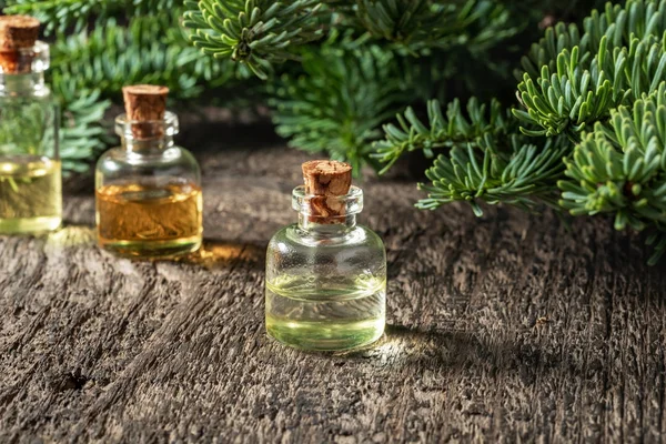 A bottle of fir essential oil with fresh fir branches — Stock Photo, Image