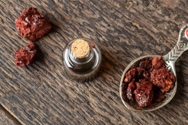 Croton lechleri, ou sangre de drago óleo e resina em uma mesa — Fotografia de Stock