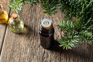 Taze köknar dalları olan koyu bir yağ şişesi.