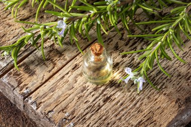 Çiçekli biberiye dallarıyla birlikte bir şişe gerekli yağ. 