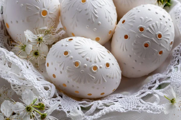 Detail White Easter Eggs Decorated Wax Drilled Holes — Stock Photo, Image