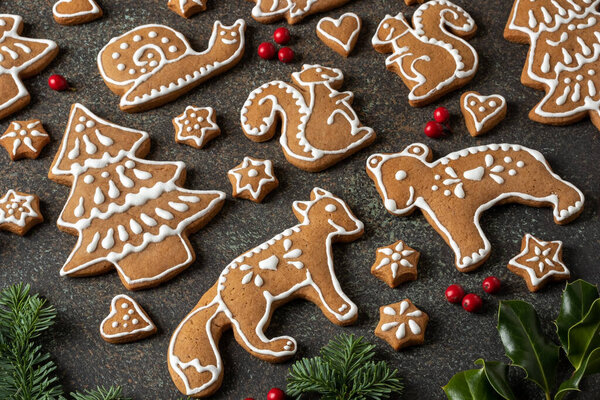 Homemade Christmas gingerbread cookies in the shape of animals