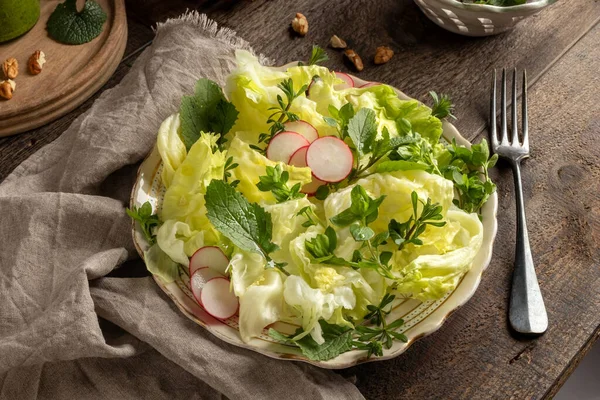 Tavaszi Saláta Csirkeszövettel Mellbimbófűvel Más Ehető Vadnövényekkel — Stock Fotó