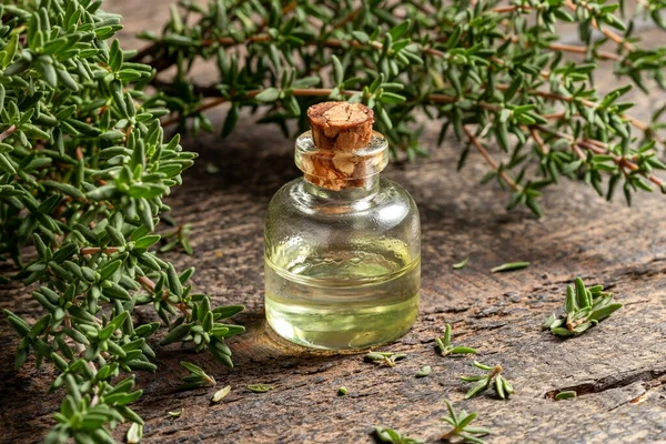 Una Botella Transparente Aceite Esencial Con Ramitas Tomillo Fresco Sobre — Foto de Stock