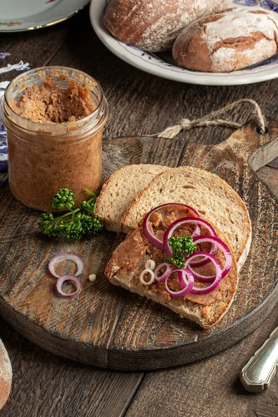Pork Lard Mixed Ground Cracklings Slathered Slice Bread — Stock Photo, Image