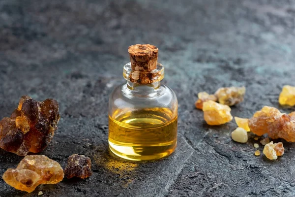 Bottle Frankincense Essential Oil Dark Background — Stock Photo, Image