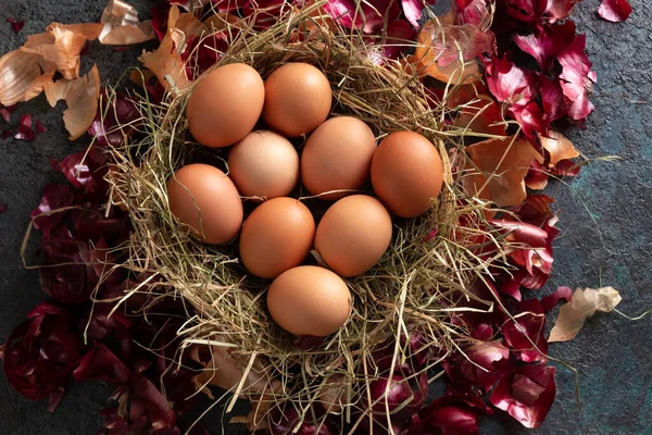 Soğan Kabuğuyla Sepette Çiğ Yumurta — Stok fotoğraf