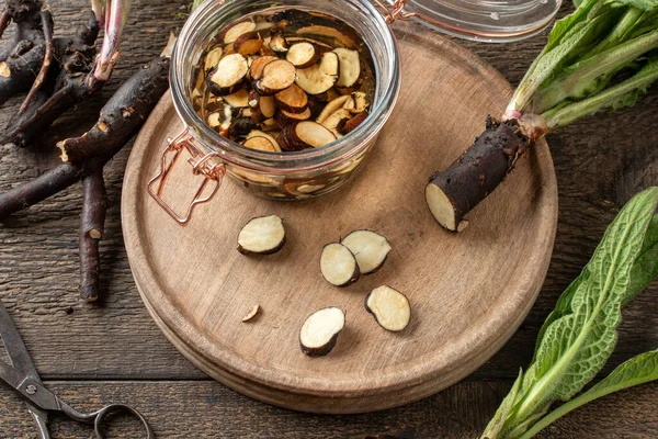 Cutting Fresh Comfrey Root Collected Spring Prepare Homemade Herbal Tincture — Stock Photo, Image