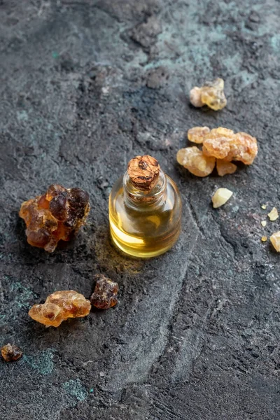 Bottle Essential Oil Frankincense Resin Copy Space — Stock Photo, Image