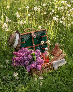 Dışarıdaki piknik sepeti yeşil çimlerde ve karahindiba saatleriyle