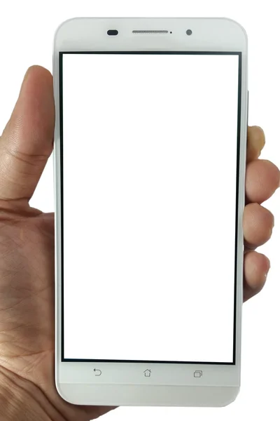 Hand hält weißes modernes Smartphone — Stockfoto