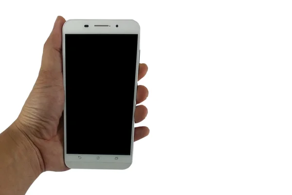 Main tenir téléphone intelligent moderne blanc — Photo
