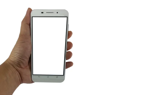 Hand hold white modern smart phone — Stock Photo, Image