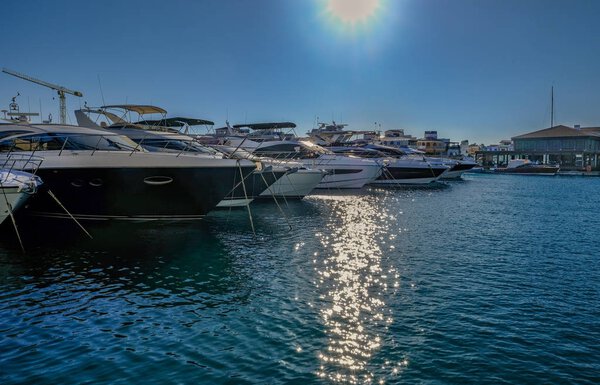 Row of luxurious motorboats in Limassol Marina