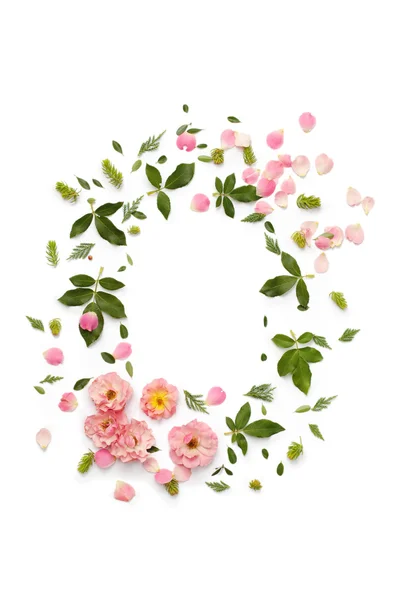 Flat nature floral round frame on white background, top view. — Stock Photo, Image