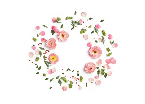 Floral round frame on white background. Flat lay, top view. — Stock Photo, Image