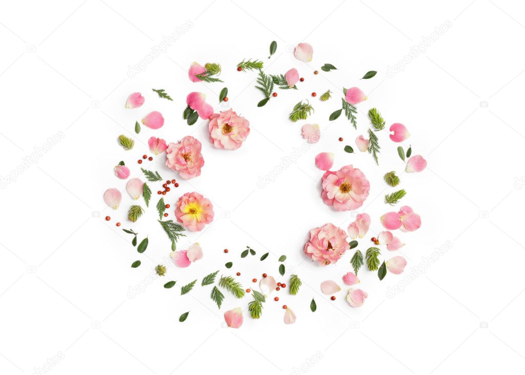 Floral round frame on white background. Flat lay, top view. 