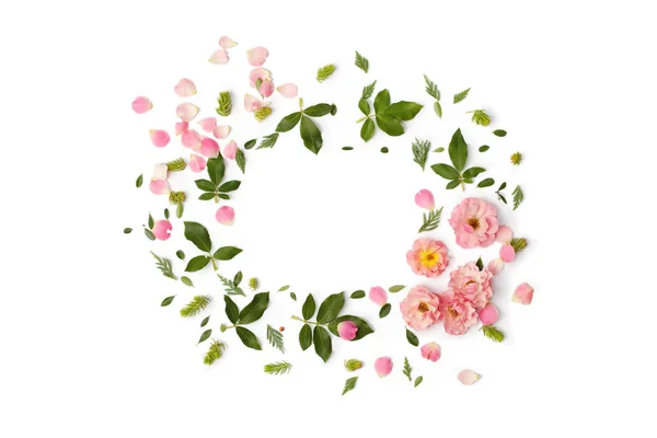 Nature floral round frame on white background, top view. — Stock Photo, Image