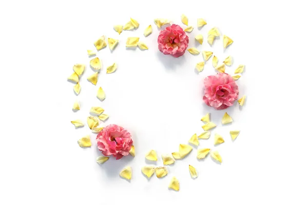 Cornice rotonda modello corona con rose e petali isolati — Foto Stock