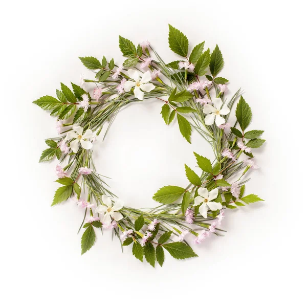 Frame wreath with flowers, branches, leaves and petals — Stock Photo, Image