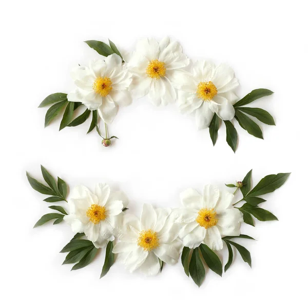 Floral frame with white peonies, leaves and buds isolated — Stock Photo, Image